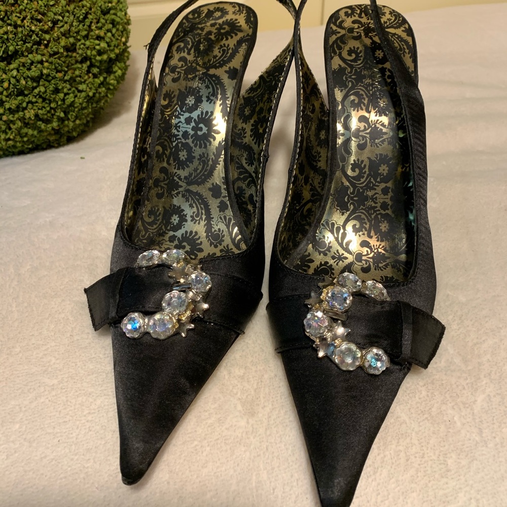 Black Satin Anne Michelle Sling Back Heels